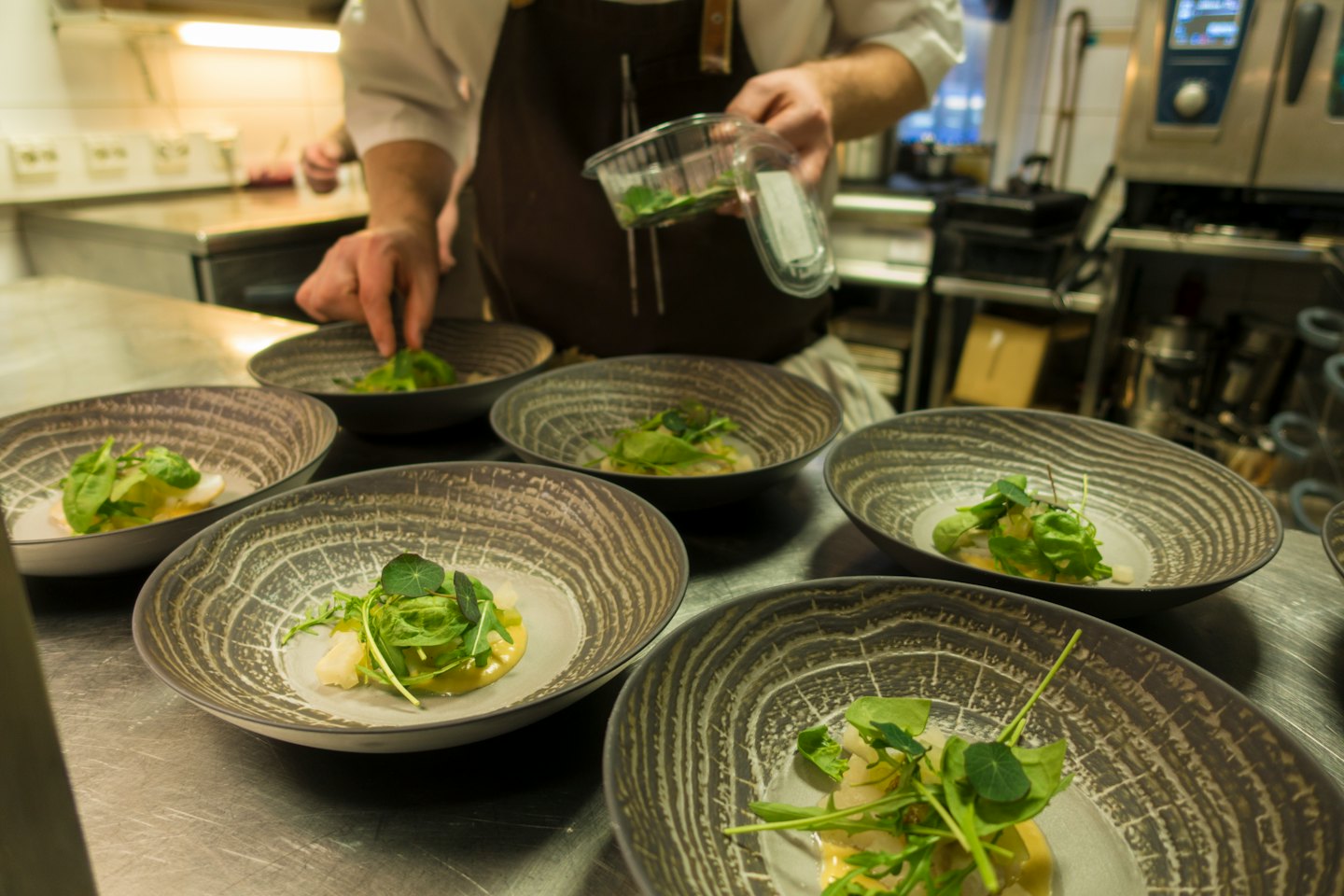 Chef plating gourmet dishes with fresh herbs in a kitchen.